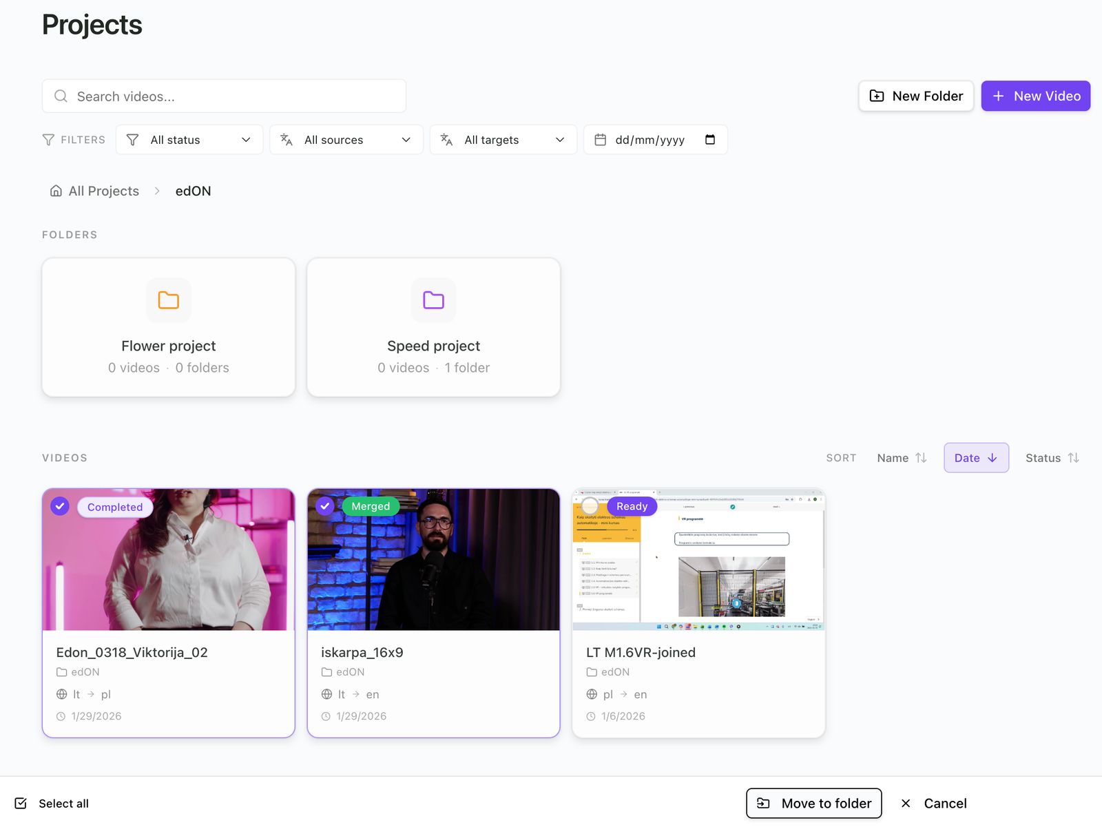 Folder management in edon.ai, organising projects by course and language