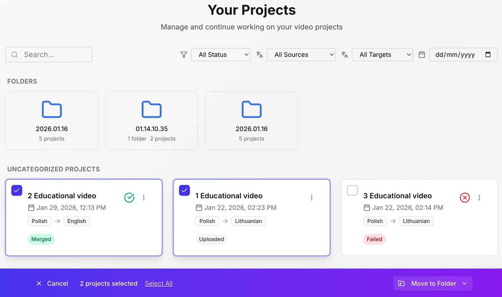 The edon.ai project view, showing a training video alongside its translated language versions