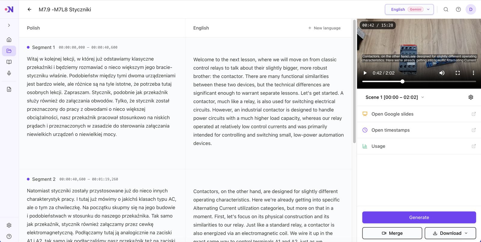 The edon.ai editor showing a transcript, subtitles and timing being fine-tuned before export