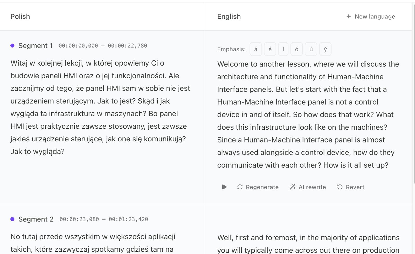 Slide text translation with word emphasis controls in edon.ai