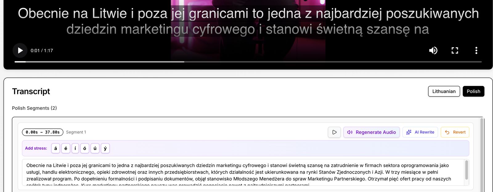 Subtitle editing in edon.ai for a presenter-led segment