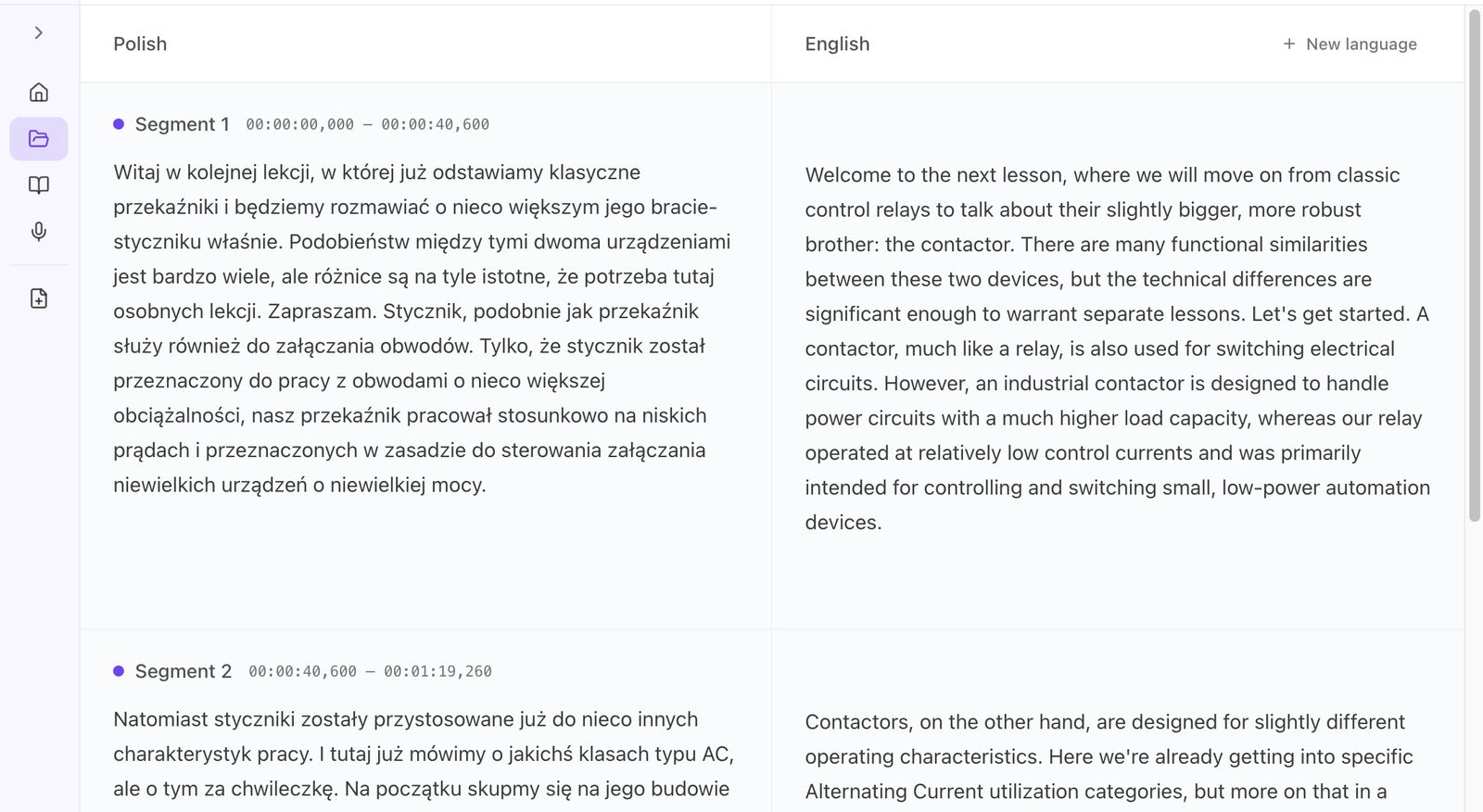 The translation view in edon.ai showing a video with its translated language versions