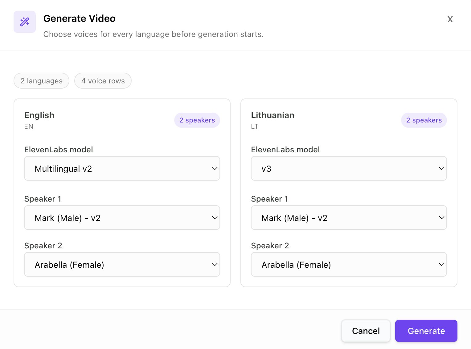 Voice selection in edon.ai, assigning each speaker their cloned voice